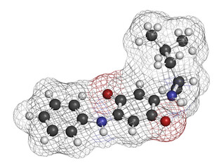 Sticker - 6PPD-quinone, degradation product of the rubber additive 6PPD. Toxic to salmon. 3D rendering. Atoms are represented as spheres with conventional color coding: hydrogen (white), carbon (grey), etc