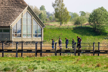 Sticker - People walking on a path in a nature reserve at lake Hornborgasjön in Sweden