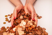 Female Hands Holding Many Small Euro Coins On White Background