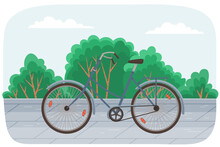 Classic Man Bicycle Vector Illustration On Cityscape Background. Women S Bike Green Transport In Summer Park. Retro Old Vintage Vehicle. Sport Biking Transport Alternative To Polluting Transportation