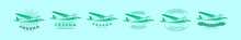 Set Of Cessna Plane Logo Cartoon Icon Design Template With Various Models. Vector Illustration Isolated On Blue Background