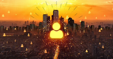 Person Symbol Shining Over The City. Organized Groups. Business Related 3D Illustration Render
