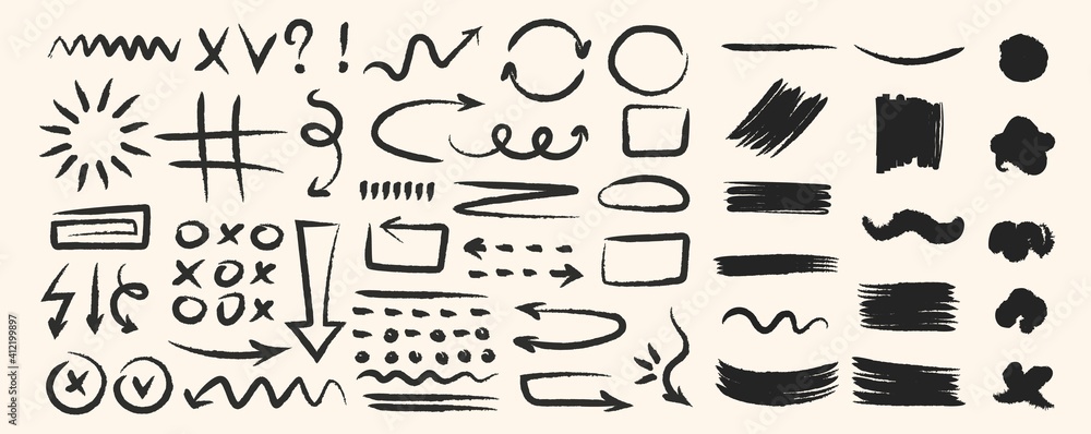 Various hand drawn arrows and shapes, black sketchy lines, curves, doodle direction pointers brush stroke style. Abstract vector set - obrazy, fototapety, plakaty 