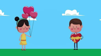 Wall Mural - cute little lovers couple with hearts balloons helium and heart gift