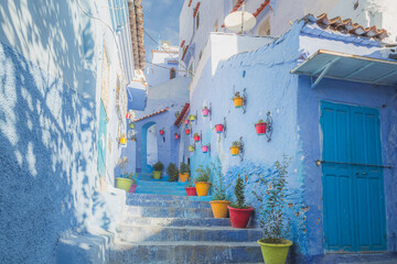 Colourful street scene of plant pots, blue steps and walls in the old town medina of Chefchaouen, situated in northwest Morocco and known as the Blue Pearl with its noted shades of blue.