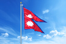Nepal Flag Waving On A High Quality Blue Cloudy Sky, 3d Illustration
