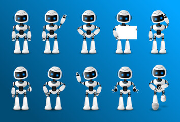 Robot character set for the animation with various views, hairstyle, emotion, pose and gesture. Robot innovation technology science emotions