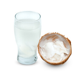 Sticker - coconut flakes and juice in glass cup isolated on white background ,include clipping path