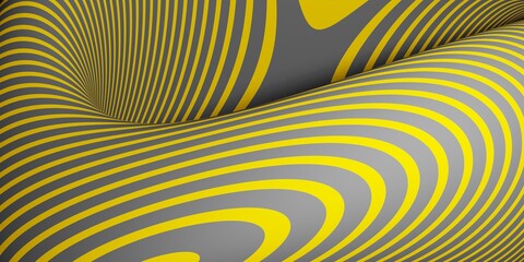 Wall Mural - Abstract 3d swirl optical illusion. 3d rendering background illustration. Yellow and grey striped geometric shape. 