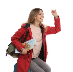 Canvas Print - Woman with map and suitcase on white background. Winter travel