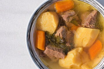 Poster - hot meat soup, traditional. Beef, potatoes, carrots, celery, red peppers.