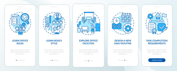 Entering workplace onboarding mobile app page screen with concepts. Learning facilitites of office of walkthrough 5 steps graphic instructions. UI vector template with RGB color illustrations