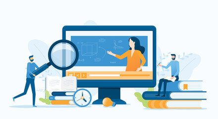 Wall Mural - vector illustration design business research and online education and e-learning at home by webinar 