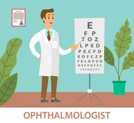 Optometrist points to the table for testing visual acuity. A doctor in a white coat is conducting a study of the state of vision. A man stands with a pointer in his hands. Snellen chart near the man