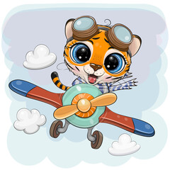 Sticker - Cartoon Tiger is flying on a plane