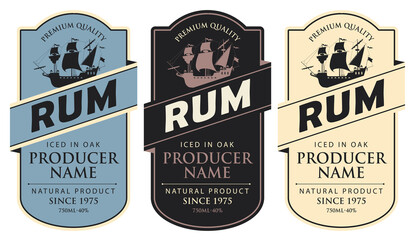 Wall Mural - set of three vector labels for rum in a figured frames with sailing ships and inscriptions in retro 