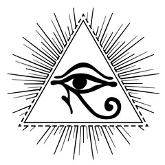 Wadjet in pyramid, ancient Egyptian symbol of protection, royal power, good health. Eye of Horus. All seeing eye sign. Alchemy, religion, spirituality, occultism, tattoo. Isolated vector illustration.