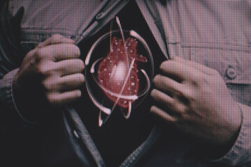 Poster - Business man in shirt with a picture neon red heart and atom. Innovative technologies. Macro  photography view. Close-up of pixel.