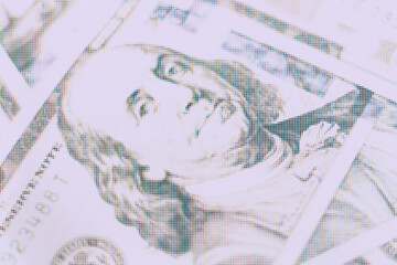 Poster - Close up Franklin's face on a one hundred dollar. American, US Dollars Cash Money background.  Macro  photography view. Close-up of pixel.
