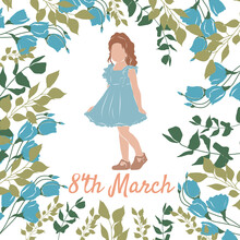 8th March Postcard With Little Girl In Blue Dress And With Blue Color Flowers With Fresh Green Leaves