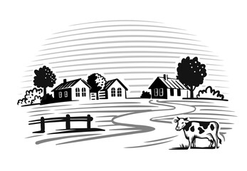 Wall Mural - cow stands in a village next to houses