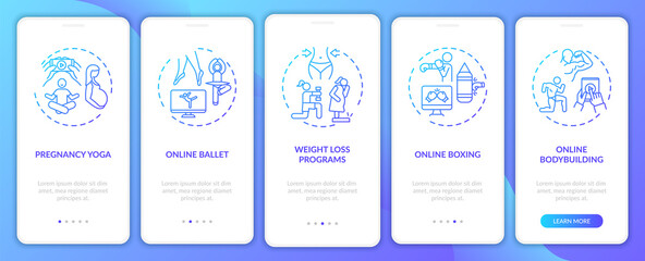 Remote exercising programs onboarding mobile app page screen with concepts. Online bodybuilding, boxing walkthrough 5 steps graphic instructions. UI vector template with RGB color illustrations
