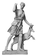 Classic White Marble Statuette Diana Of Versailles Isolated On White Background. Scilpture Of Huntress With Deer