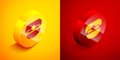 Sticker - Isometric Captain hat icon isolated on orange and red background. Circle button. Vector.