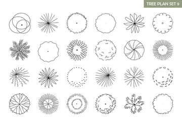 set of free hand drawn doodle plan view tree for landscape plan
