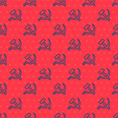 Poster - Blue line Hammer and sickle USSR icon isolated seamless pattern on red background. Symbol Soviet Union. Vector.