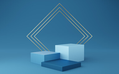Wall Mural - Empty blue cube podium and gold square on blue background. Abstract minimal studio 3d geometric shape object. Mockup space for display of product design. 3d rendering.