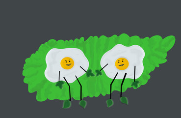 3 D - rendering. On a gray background, two fried eggs sit on a leaf of lettuce. Abstract arms and legs end with basil leaves.