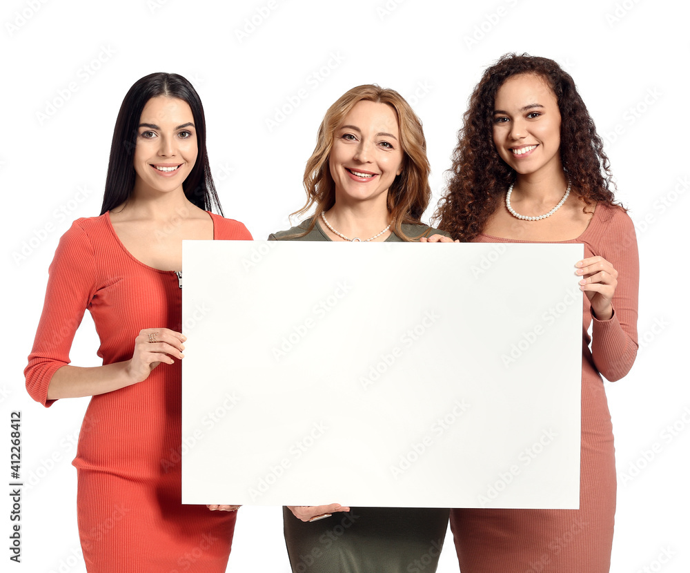 Beautiful women with blank poster on white background