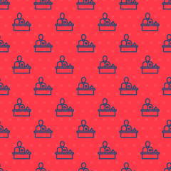 Poster - Blue line Receptionist standing at hotel reception desk icon isolated seamless pattern on red background. Vector.