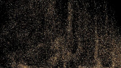 Wall Mural - Colourful Glitter Elegant Confetti Burst on Black Background. Slow Motion Animation Golden Glitter  Explode Sparkle Particles. Beautiful Cg Explosion Close up 4k
