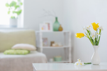 Wall Mural - white home interior with spring flowers and decorations