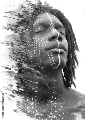 Plakat A portrait of a man's face turning into brush strokes