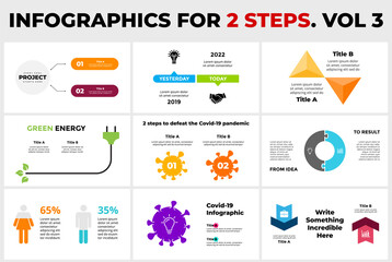 Wall Mural - 9 Infographics for 2 steps, options. Presentation slide template. Male and female percentage chart diagram. Covid-19 pandemic concept. Green energy plug. 