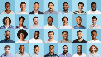 Wall Mural - Portraits of happy multiracial men on blue