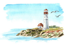 Seascape With Rocks And An Old Lighthouse, Hand Drawn Watercolor Illustration, Isolated On White Background