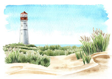 Seaside With Sand Dunes And Old Lighthouse, Hand Drawn Watercolor Illustration, Isolated On White Background