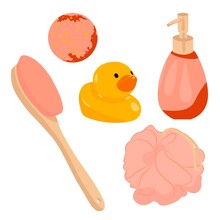Vector Illustration Of A Set Of Bathroom Fixtures. The Set Includes A Bow Scrubber, Brush, Duck, Gel And Bath Bomb. All Items Are In Beige And Pink With A White Background. Bathroom Stickers. 