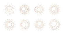 Sun And Moon Line Art Logo. Boho Ray Sun, Mystic Moon Tattoo