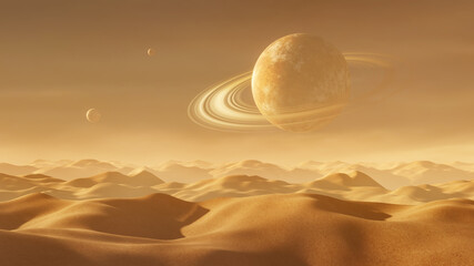 Wall Mural - background of a desert landscape with a planet with rings in the sky and two small satellites. sci-f