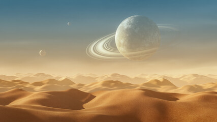 Wall Mural - background of a desert landscape with a planet with rings in the sky and two small satellites. 3d re