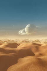 Wall Mural - background of a desert landscape with a planet with rings in the sky and two small satellites. 3d re