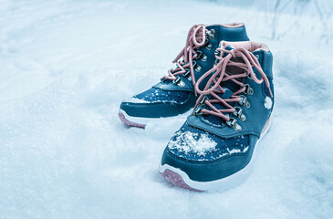 Wall Mural - Winter sports footwear - dark blue trekking shoes (boots) outdoor on the snow