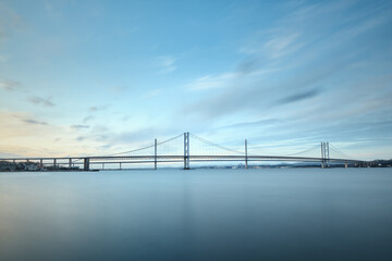  Two bridges against the blue sky, Forth Road Brtidge and Queensferry Crossing, Scotland, United Kingdom