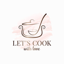 Pan With Ladle Watercolor Logo. Kitchen Spoon