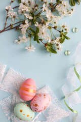 Easter greeting card. easter eggs and flowering branch